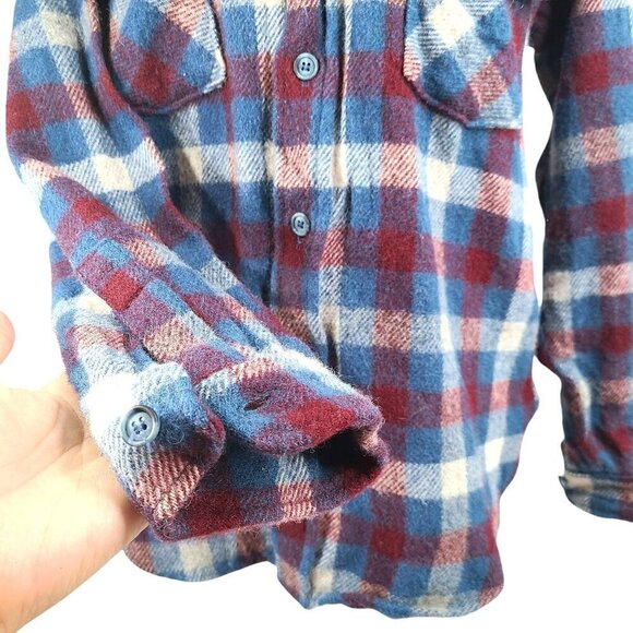 Vintage Woolrich Navy Teal Gray Plaid Heavyweight Work Flannel Shirt Wool - Picture 4 of 6